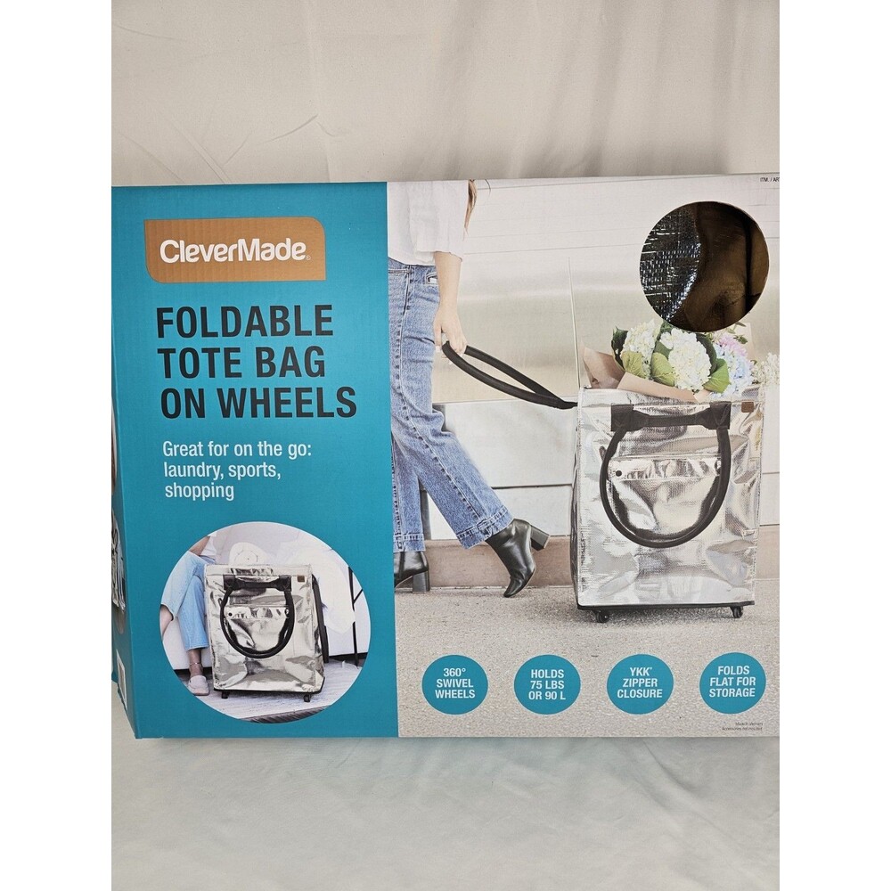 CleverMade Foldable Rolling Tote Bag 90L 75 lb Swivel Wheels NIB Silver